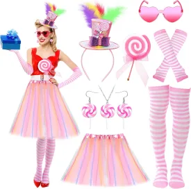 11 Pcs Candy Costumes for Women Peppermint Top Candy Outfits Mini Hat Feather Loliipop Headband Earrings Necklace Glasses Rainbow Tutu Leg Stocking Glove Props Christmas Cosplay Accessories