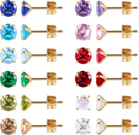 12 Pairs 18K Gold Plated Surgical Stainless Steel Stud Earrings, Star Heart Square Stud Earring for Women, Cubic Zirconia Birthstone Stud Earrings Set