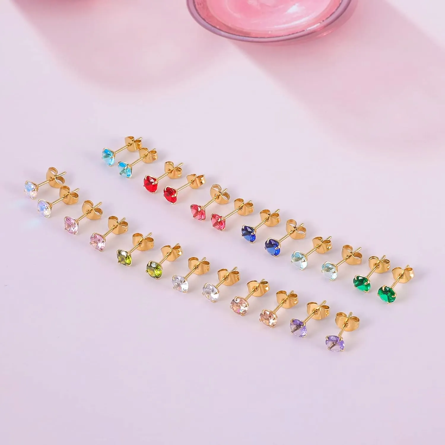 12 Pairs 18K Gold Plated Surgical Stainless Steel Stud Earrings, Star Heart Square Stud Earring for Women, Cubic Zirconia Birthstone Stud Earrings Set