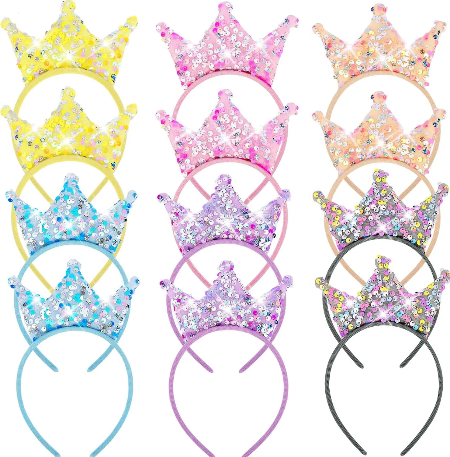 12Pcs Princess Crowns Headbands for Girls Women, Glitter Birthday Tiara Crowns for Princess Party Favors Rapunzel Birthday Decorations