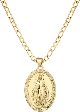 14K Gold Plated Oval Guadalupe Virgin Mary Pendant Necklace for Women Men, 3mm Flat Figaro Stainless Steel Chain Necklaces