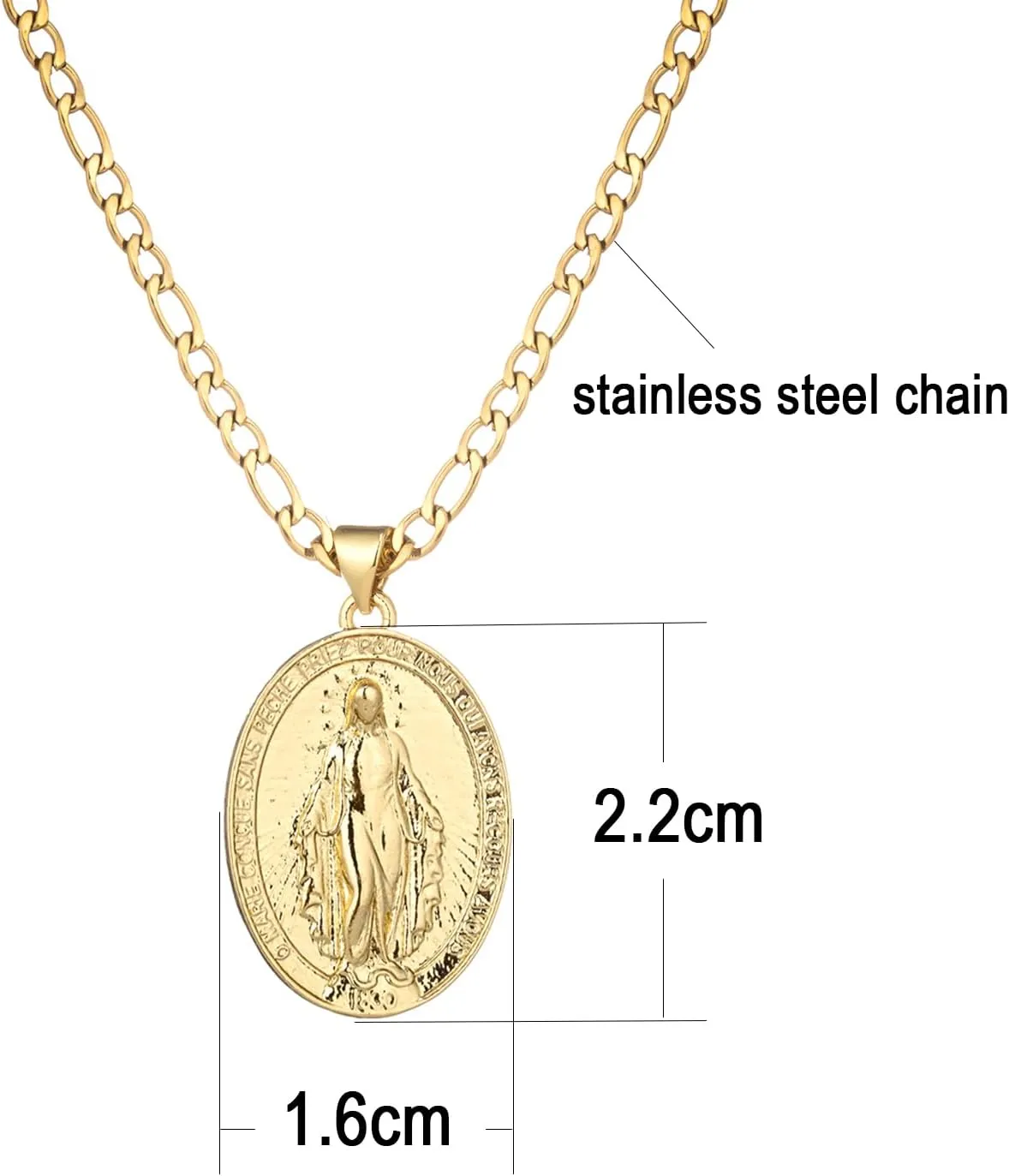 14K Gold Plated Oval Guadalupe Virgin Mary Pendant Necklace for Women Men, 3mm Flat Figaro Stainless Steel Chain Necklaces