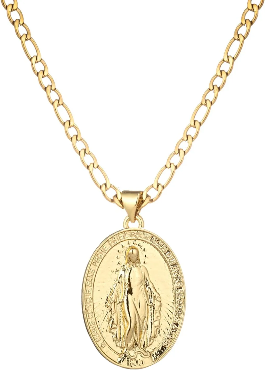 14K Gold Plated Oval Guadalupe Virgin Mary Pendant Necklace for Women Men, 3mm Flat Figaro Stainless Steel Chain Necklaces