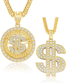 2PCS Money Chain Fake Gold Necklace: Big Money Dollar Sign Gold Chains Halloween Costume - Men Rapper Digger Hip Hop 70s 80s 90s Costume Accessories