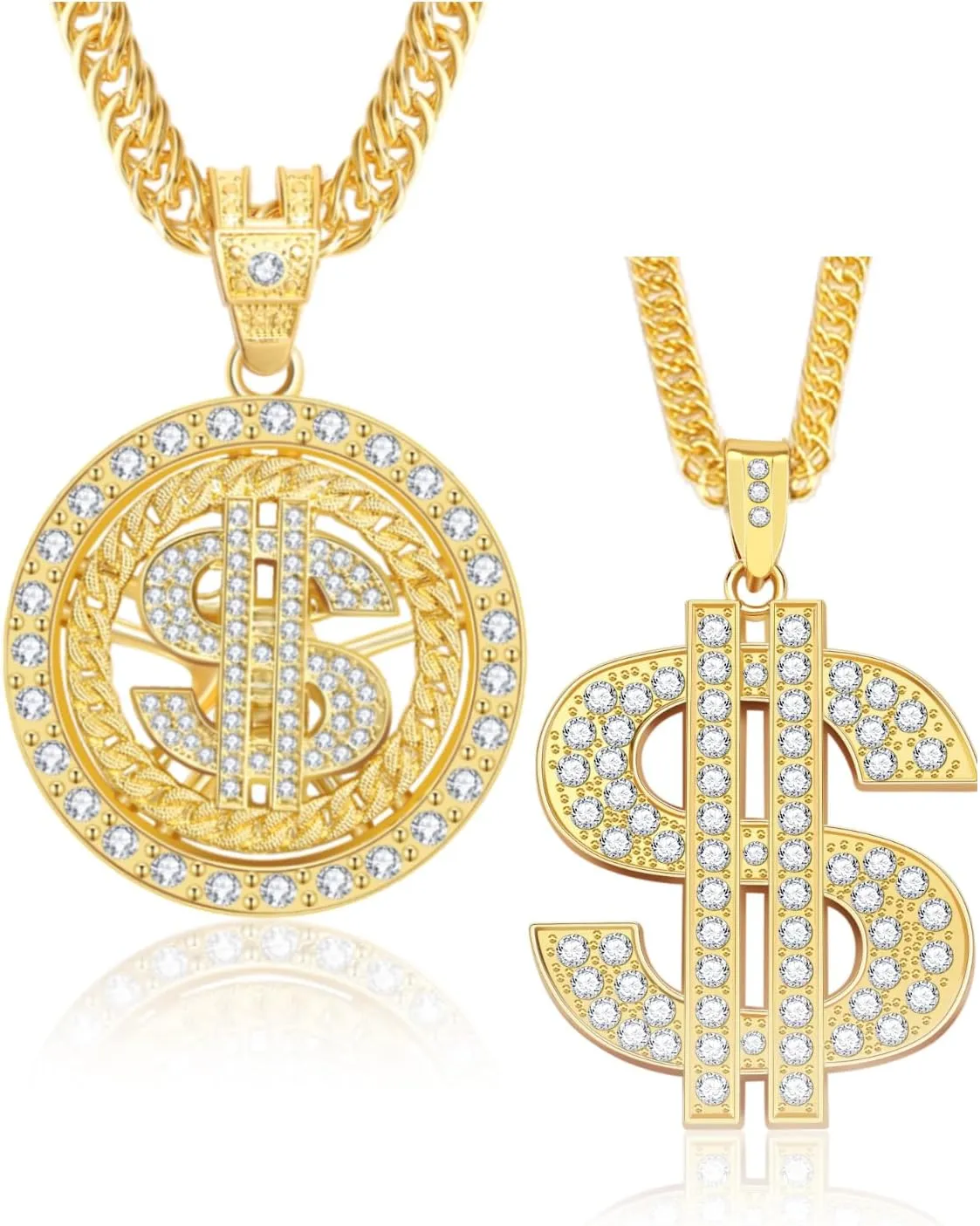 2PCS Money Chain Fake Gold Necklace: Big Money Dollar Sign Gold Chains Halloween Costume - Men Rapper Digger Hip Hop 70s 80s 90s Costume Accessories