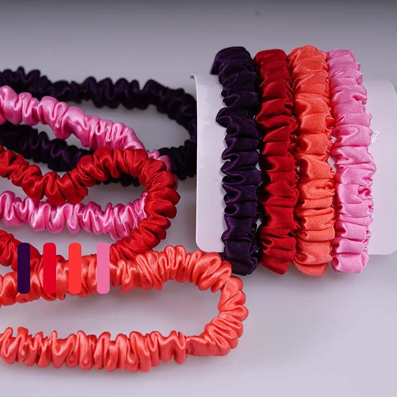 4 Pack Skinny Silk Hair Ties - Pink & Purple - dropshipping