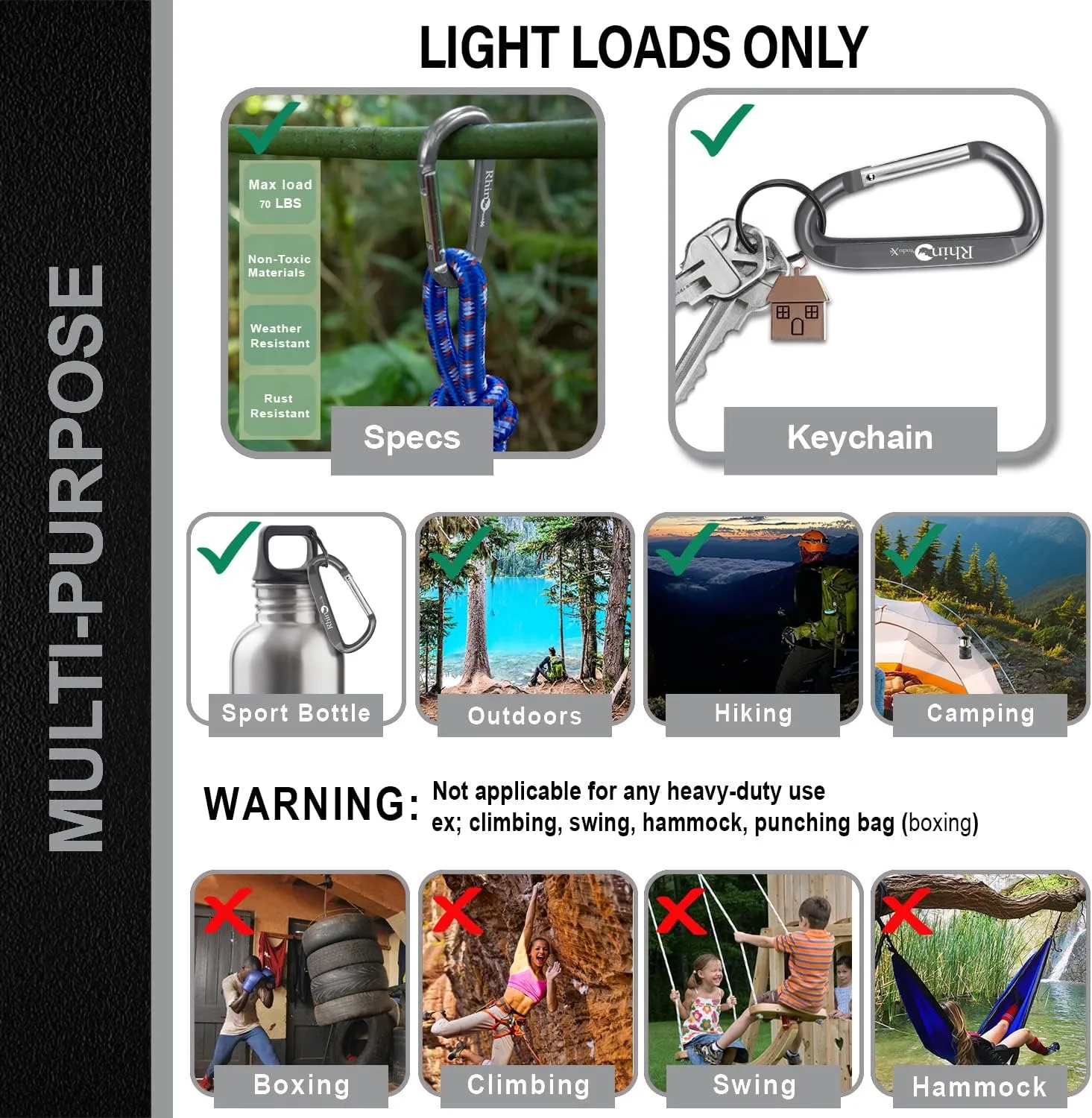 8PCS of Lightweight Duty Snap Carabiner Clips, D Ring Shape Carabiner with 8PCS Keyring - Excellent for Outdoor, Camping, Hiking, Keychains, Water Bottle, Keychain Hook