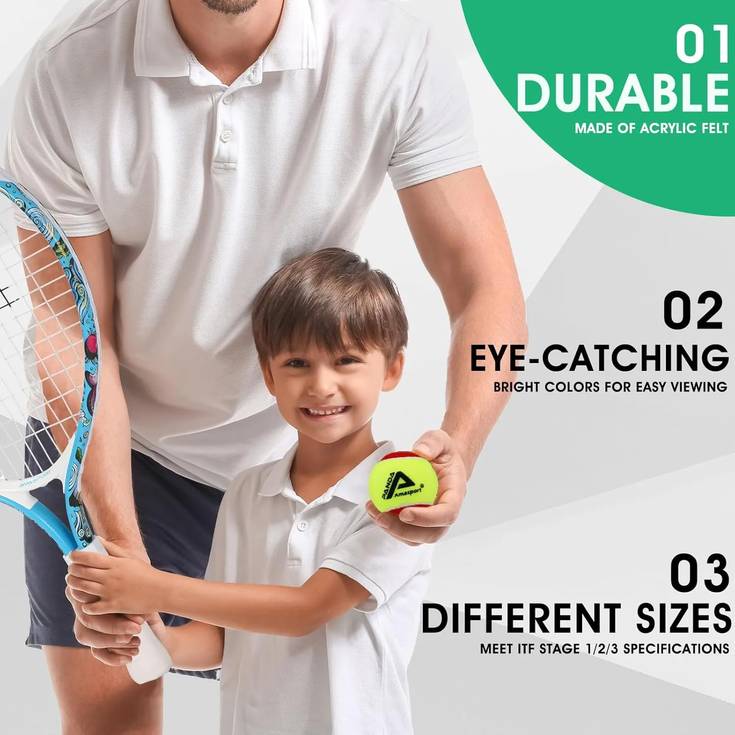 AMA SPORT Kids Tennis Balls 48 Pack Low Compression Training (Transition) Balls - Stage1 - Stage2 -Stage3, 20% 50% 75% Slower Ball for Beginners Youth Kids Training Practising Playing Ball