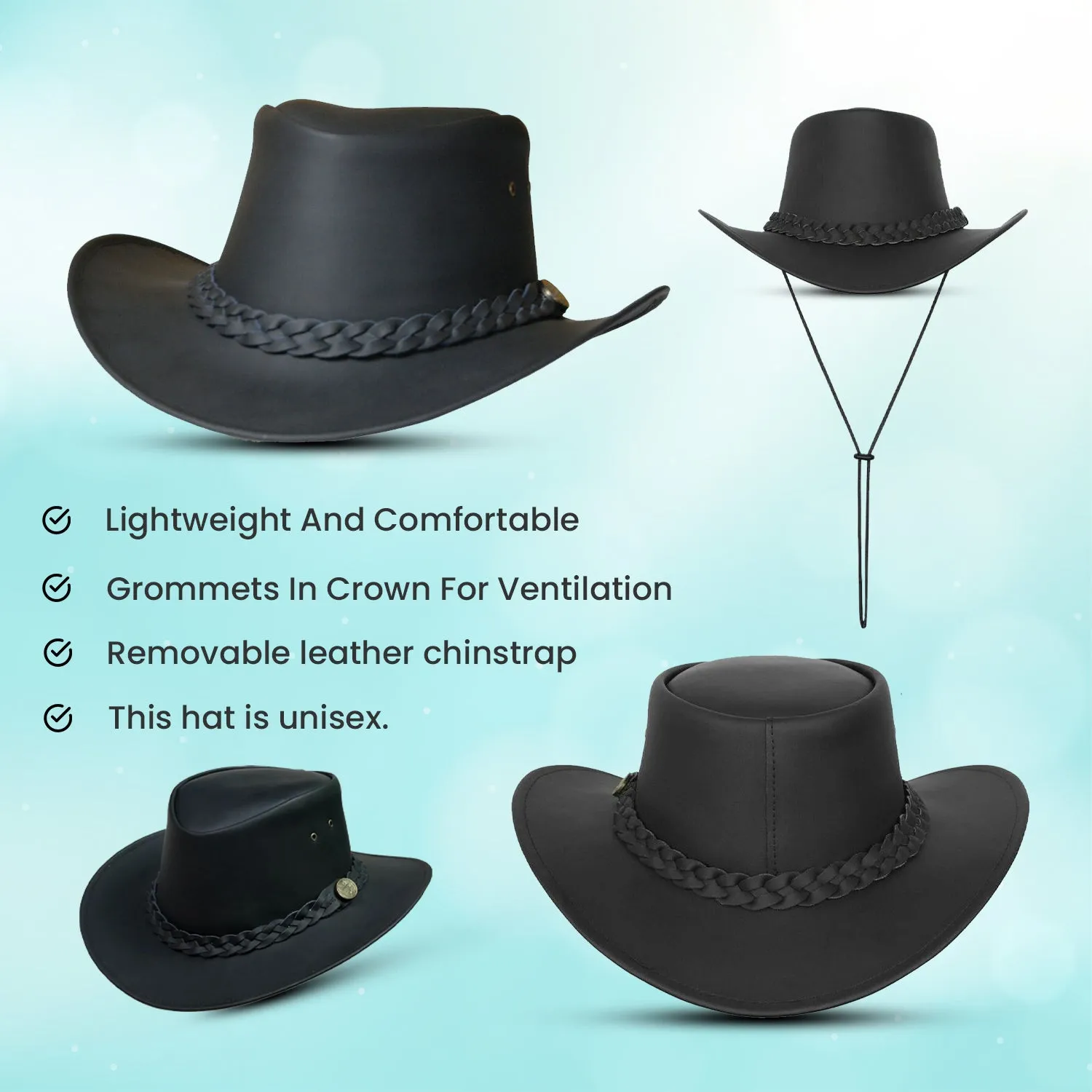Australian Style Leather Bush Hat Cowboy Mens Womens Hat Black