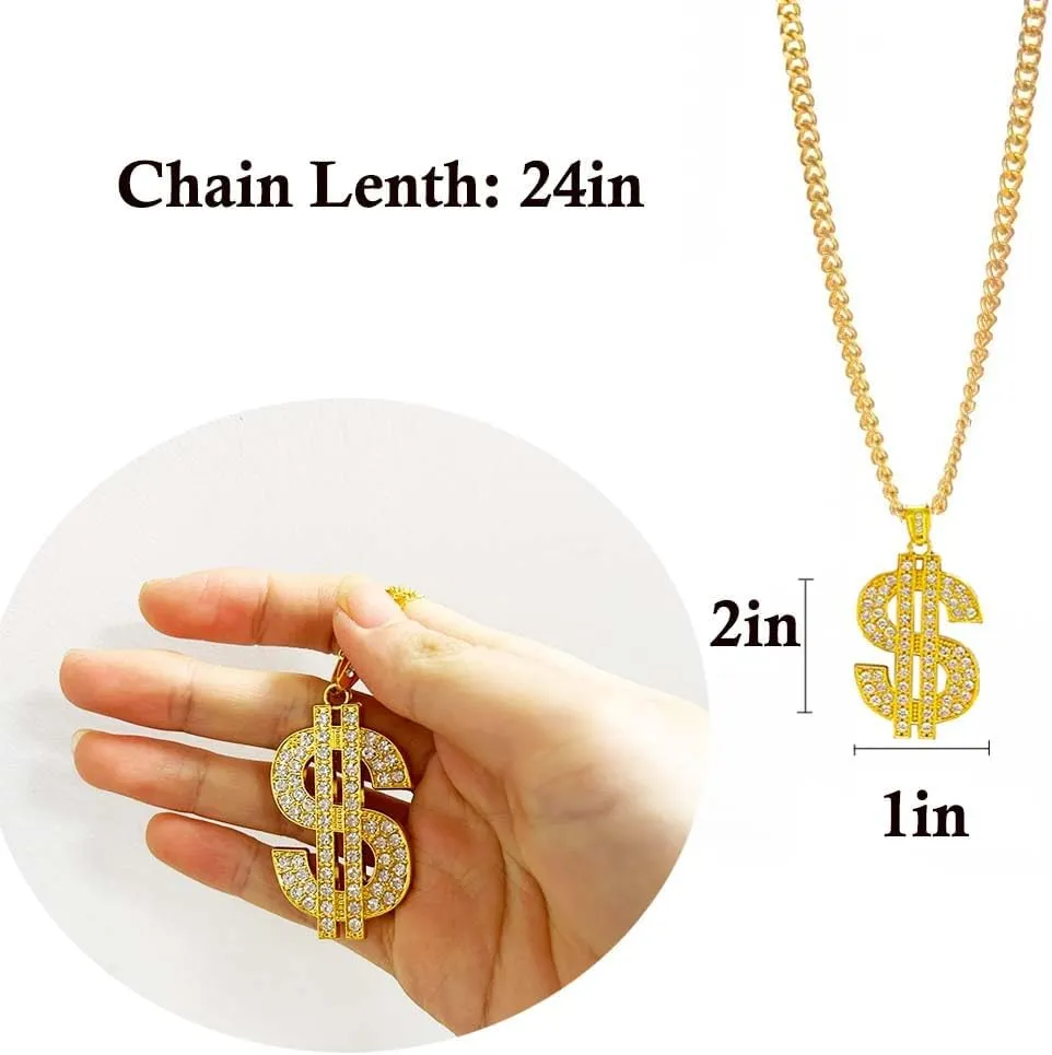 Bulk Pack Gold Chain with Dollar Sign Money Necklaces Fake Dollar Gold Plated Stainless Steel Jewelry Fashion Pendants for Men Women 80s 90s Hip Hop Accessory Halloween Christmas Party Dress Up