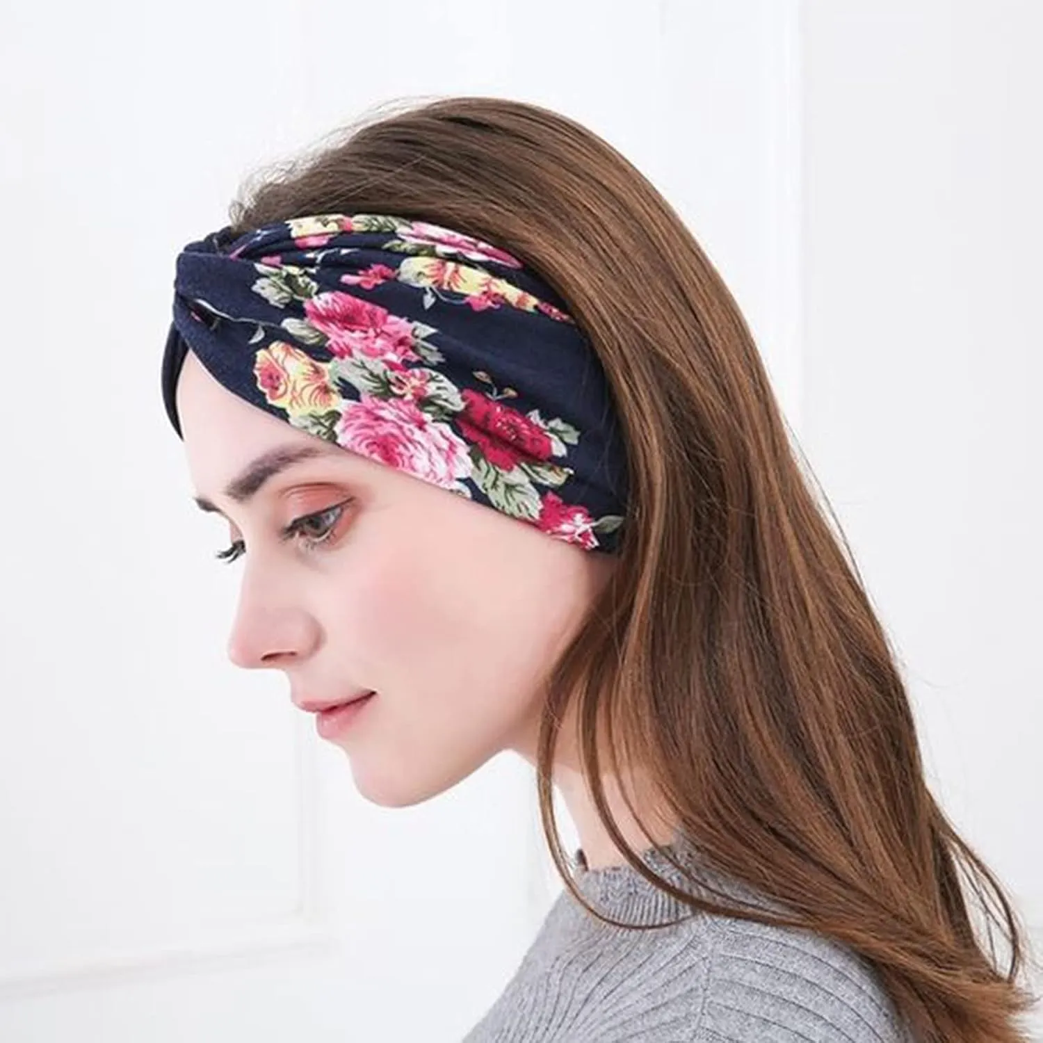 DRESHOW 6 Pack Boho Cotton Non-Slip Headbands for Women Girls Yoga Workout Running Knotted Turban Floral Elastic Head Wrap