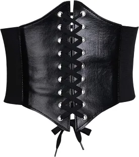 Glamorstar Corset Belt for Women Wide Elastic Tied Waspie Belts Lace-up Leather Waist Belts for Women Dresses