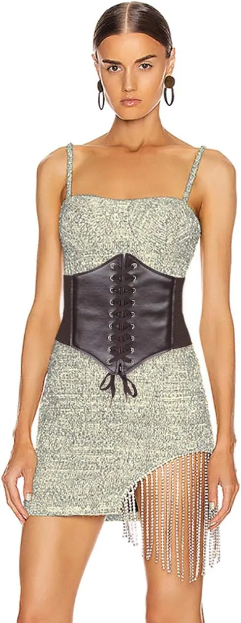 Glamorstar Corset Belt for Women Wide Elastic Tied Waspie Belts Lace-up Leather Waist Belts for Women Dresses