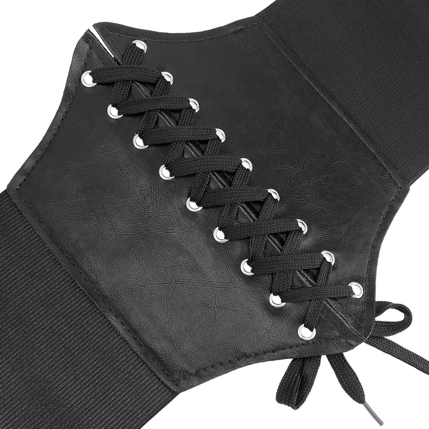 Glamorstar Corset Belt for Women Wide Elastic Tied Waspie Belts Lace-up Leather Waist Belts for Women Dresses