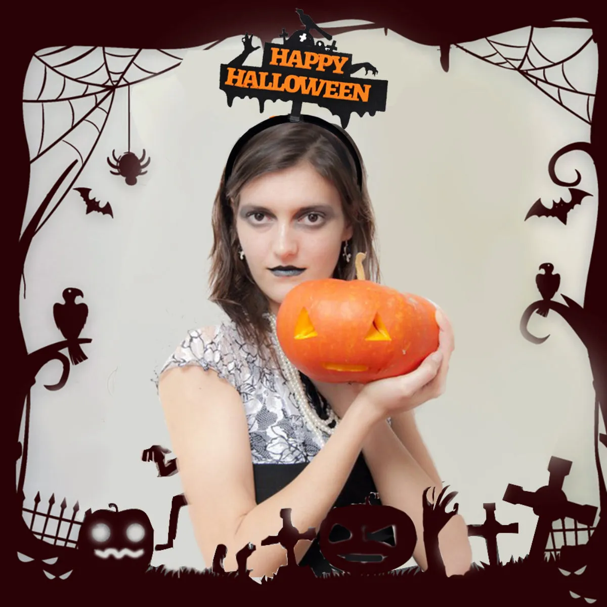 Halloween Headbands - LED Light-Up costume Party Accessories Pumpkin, Graveyard, Dripping Horror, and Spider Web Themes (Crow Ghost Hand)