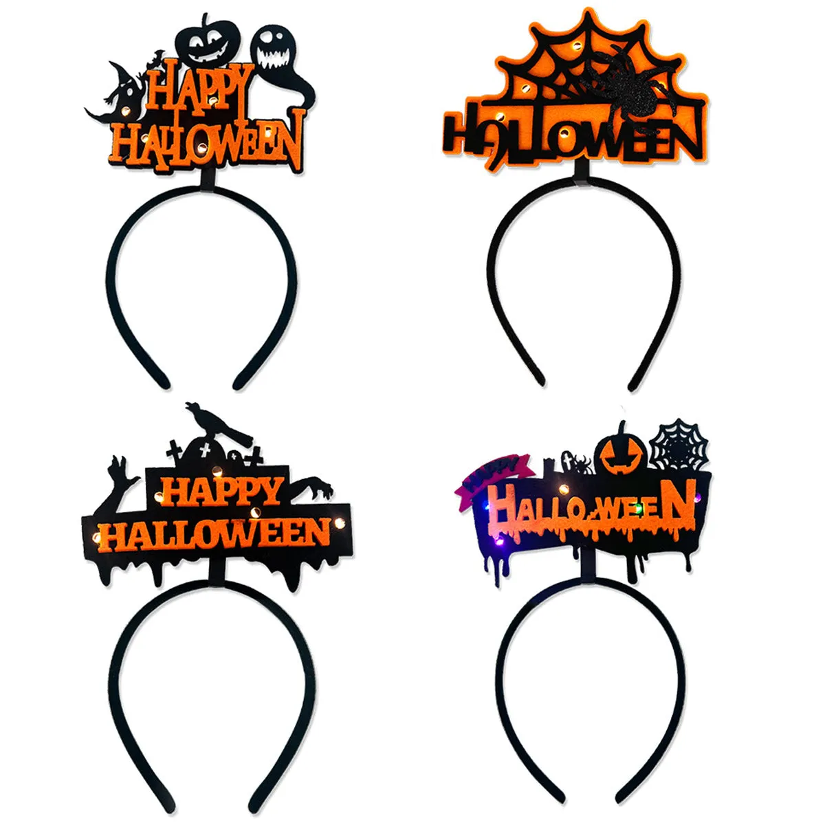 Halloween Headbands - LED Light-Up costume Party Accessories Pumpkin, Graveyard, Dripping Horror, and Spider Web Themes (Crow Ghost Hand)
