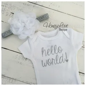 Hello World! Silver glitter bodysuit and headband set