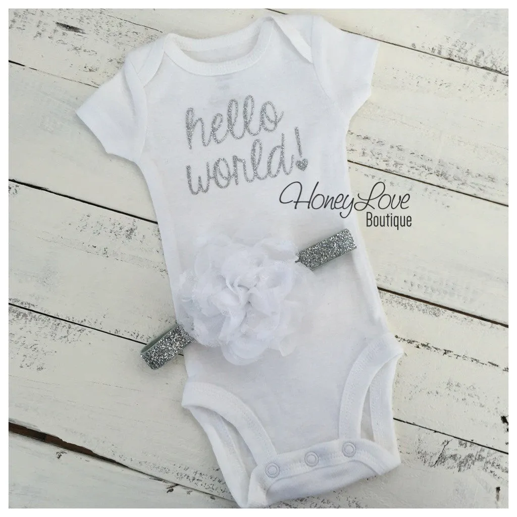 Hello World! Silver glitter bodysuit and headband set
