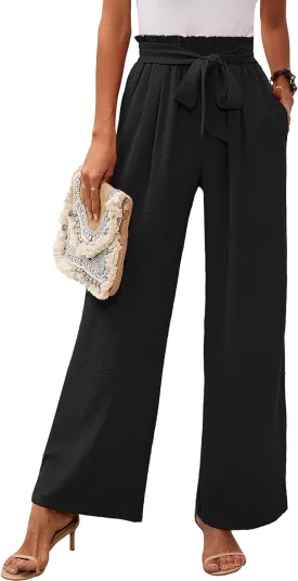 Heymoments Women's Wide Leg Lounge Pants with Pockets Lightweight High Waisted Adjustable Tie Knot Loose Trousers