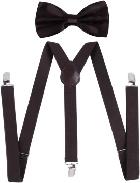 ICObuty Men's Bow Tie and Y Shape Suspender Set Adjustable Elastic Solid Color