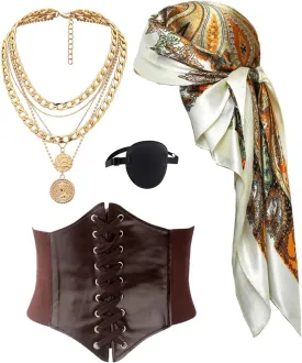 kasahara 4 Pcs Pirate Costume Accessories Women Pirate Hat Head Scarf Headband Wrap Pirate Corset Belt Eye Patch Necklace