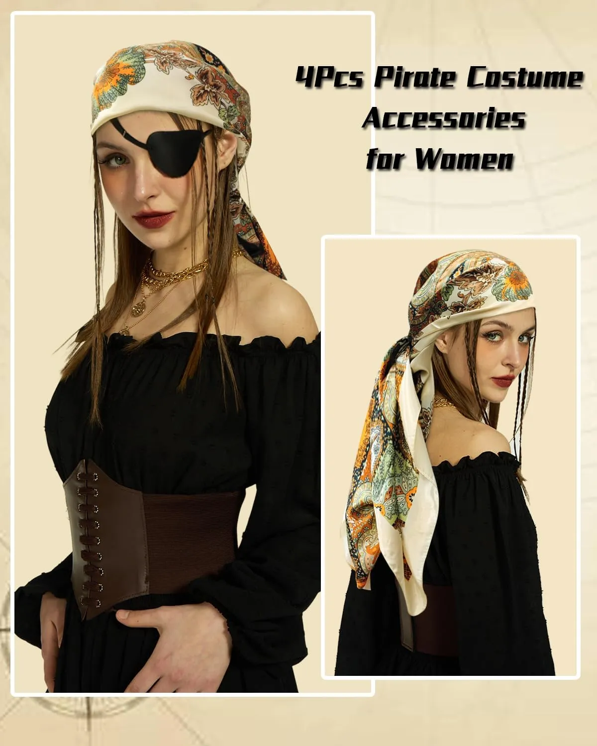 kasahara 4 Pcs Pirate Costume Accessories Women Pirate Hat Head Scarf Headband Wrap Pirate Corset Belt Eye Patch Necklace