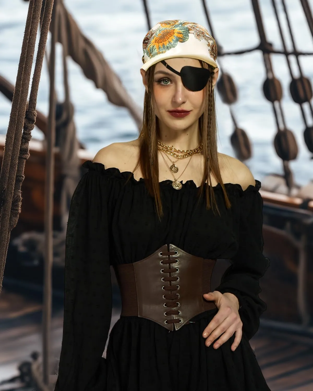 kasahara 4 Pcs Pirate Costume Accessories Women Pirate Hat Head Scarf Headband Wrap Pirate Corset Belt Eye Patch Necklace