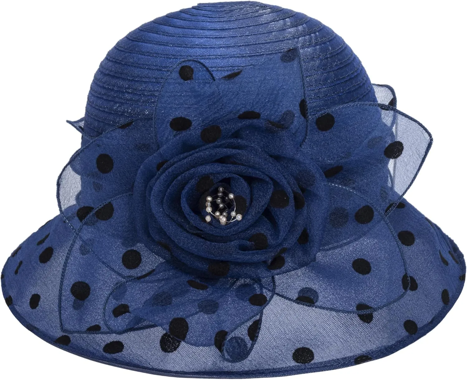 Lady Polka dots Organza Fascinator Sun Hats Women Kentucky Wide Brim Derby Bowler Hat for Tea Party Church Wedding Size:S-M