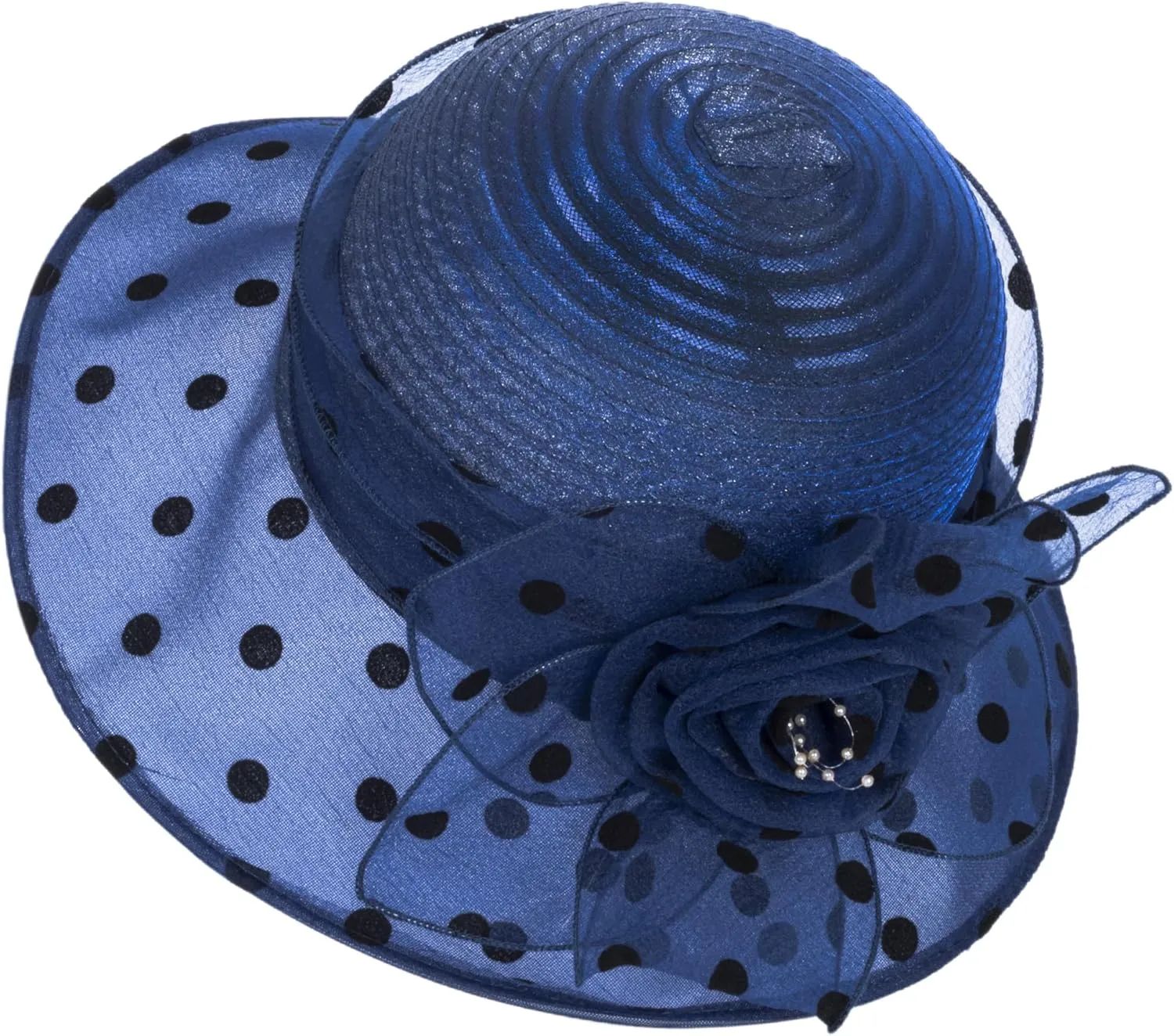 Lady Polka dots Organza Fascinator Sun Hats Women Kentucky Wide Brim Derby Bowler Hat for Tea Party Church Wedding Size:S-M