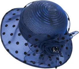 Lady Polka dots Organza Fascinator Sun Hats Women Kentucky Wide Brim Derby Bowler Hat for Tea Party Church Wedding Size:S-M