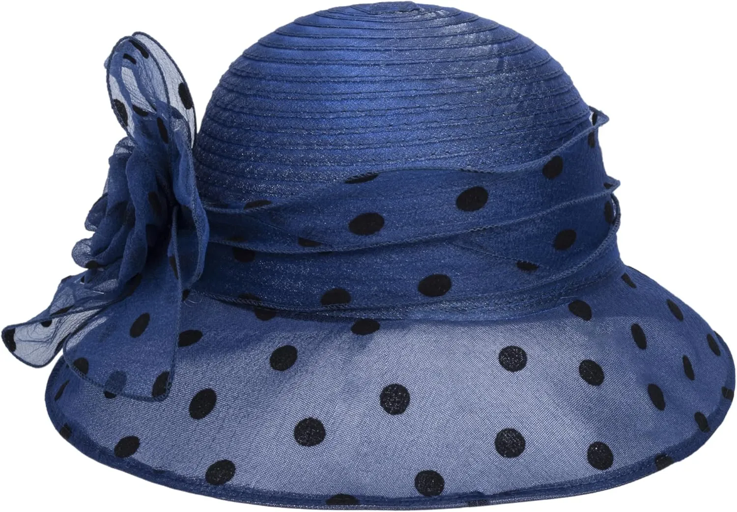 Lady Polka dots Organza Fascinator Sun Hats Women Kentucky Wide Brim Derby Bowler Hat for Tea Party Church Wedding Size:S-M