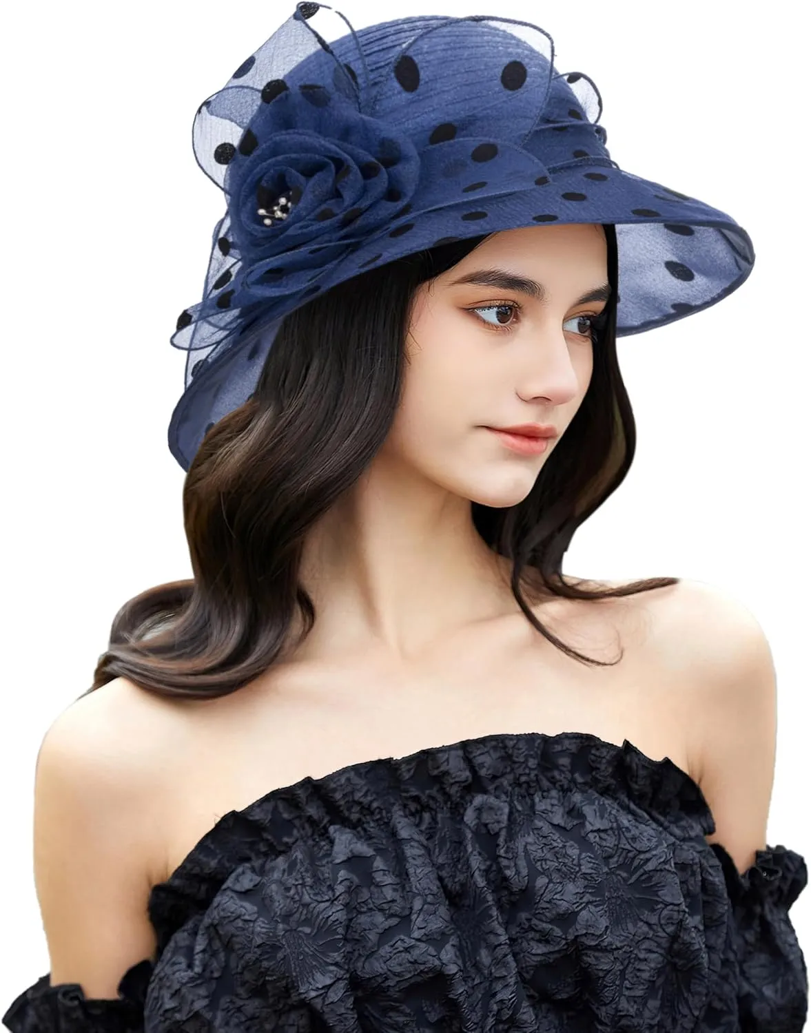 Lady Polka dots Organza Fascinator Sun Hats Women Kentucky Wide Brim Derby Bowler Hat for Tea Party Church Wedding Size:S-M