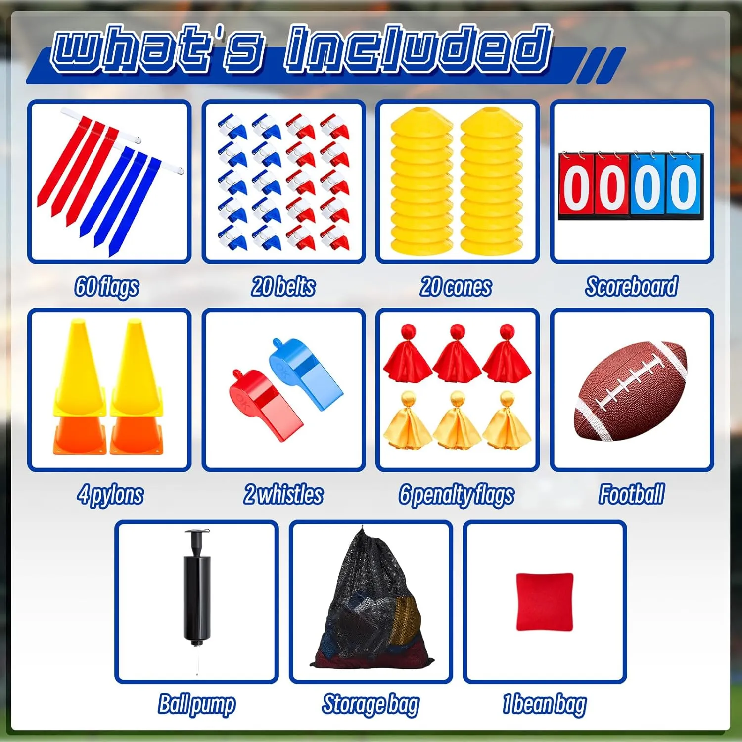Liliful 20 Player Football Penalty Flags Set, Includes 1 Rugby 20 Adjustable Flag Belts 2 Whistles and Carrying Bag for Adult