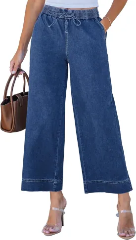 luvamia Wide Leg Jeans for Women High Waisted Cropped Pull On Jeans Elastic Wasit Drawstring Stretch Denim Trouser Pants
