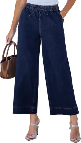 luvamia Wide Leg Jeans for Women High Waisted Cropped Pull On Jeans Elastic Wasit Drawstring Stretch Denim Trouser Pants