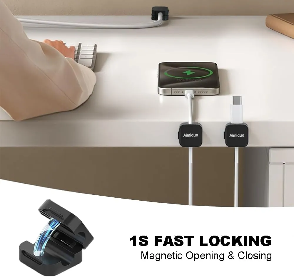 Magnetic Cable Clips Cord Organizer Holder,10-Pack Cable Management Cord Clips,Adhesive Phone Cable Wire Charger Cord Holder For Nightstand Desk Charging Cords Wall Car Desktop Office (10, Black)