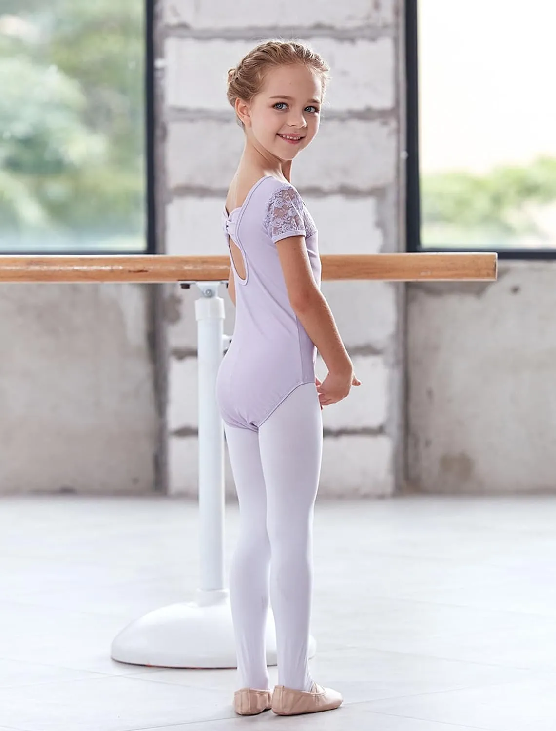 MdnMd Girls Ballet Dance Neck Lace Leotard for Toddler Gymnastic with Bow Back Cap Sleeve