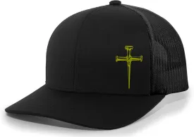 Men's Christian Faith Cross Nails Embroidered Mesh Back Trucker Hat, Ocean Blue/Heather Grey/Beige