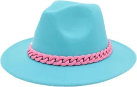 Men's Vintage Chain Top Hat Classic Wide Brim Hats for Women Men Party Church Felt Jazz Cap Lake Blue