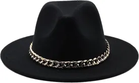 Men's Vintage Wide Brim Fedora Hat for Men Women Gold Chain Band Felted Hats Panama Jazz Cap