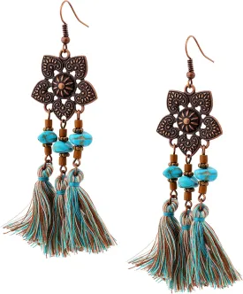 MINACHI Boho Vintage Ethnic Flower Created Turquoise Bead Tassel Pendant Earrings, Bohemian Hippie Jewelry Gift for Women