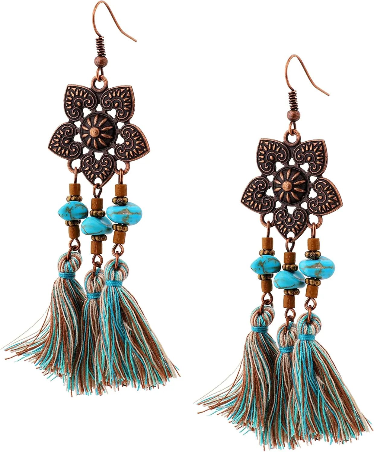 MINACHI Boho Vintage Ethnic Flower Created Turquoise Bead Tassel Pendant Earrings, Bohemian Hippie Jewelry Gift for Women