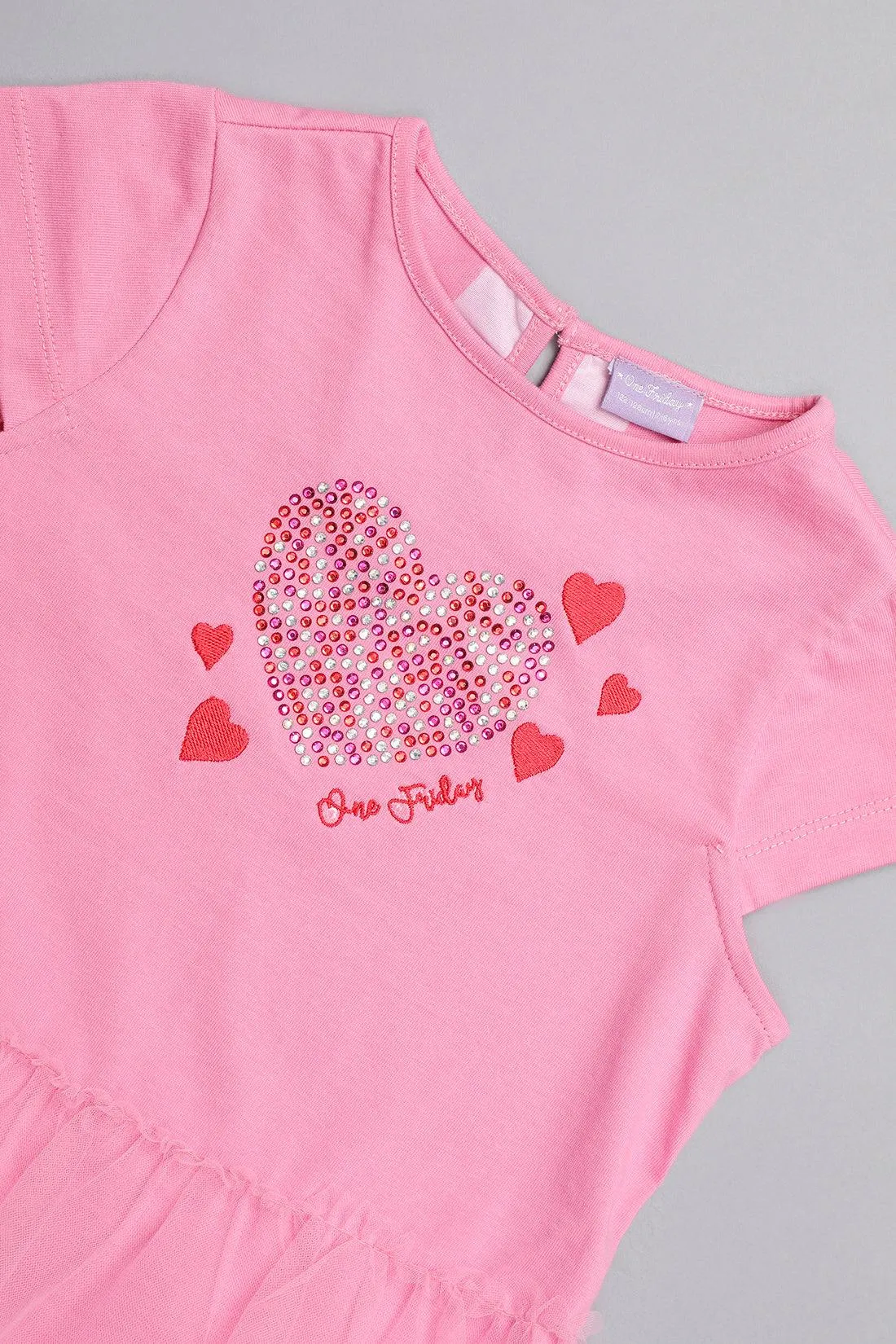 One Friday Girls Pink Sequinned Heart Cotton Top