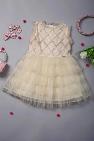 One Friday Kids Girls Sequined & Frilled Cream Dress