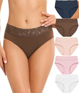 RHYFF Womens Underwear Cotton Bikini Panties Lace Soft Hipster Panty Ladies Stretch Full Briefs 5 Pack