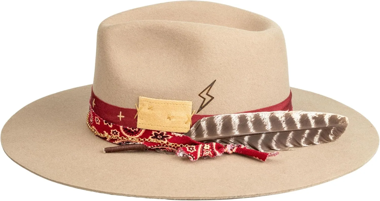 RUEDIGER Retro Wide Brimmed Stiff Fedora Men's and women's Hats,100% Wool Classic Felt Hat,Distressed/Burned Handmade