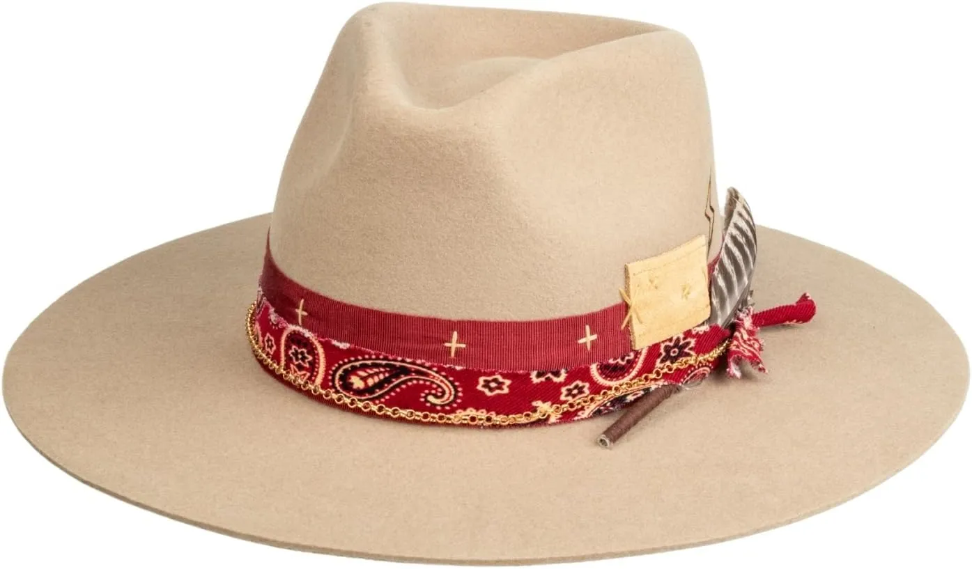 RUEDIGER Retro Wide Brimmed Stiff Fedora Men's and women's Hats,100% Wool Classic Felt Hat,Distressed/Burned Handmade