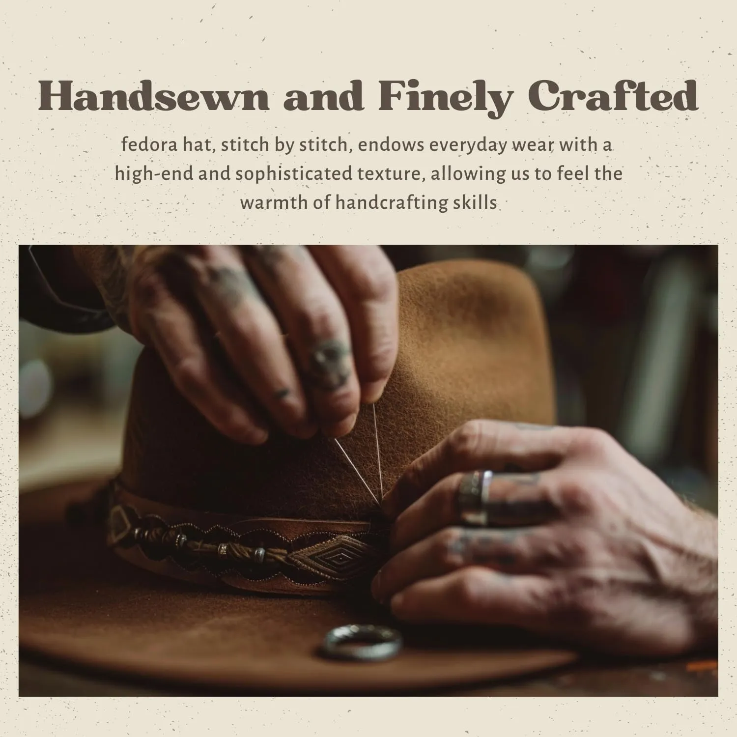 RUEDIGER Retro Wide Brimmed Stiff Fedora Men's and women's Hats,100% Wool Classic Felt Hat,Distressed/Burned Handmade