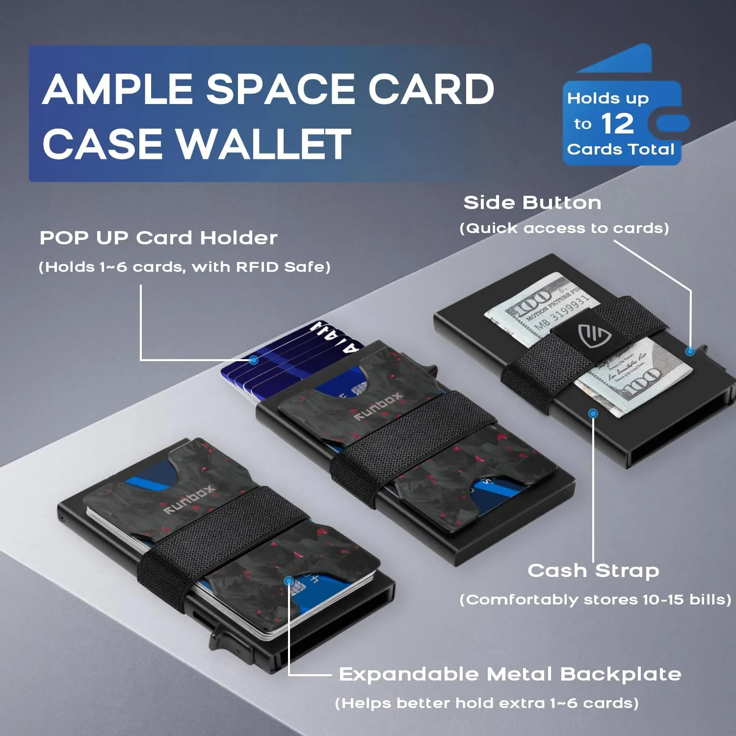 RUNBOX Slim Card Holder Wallet for Men, Minimalist RFID Blocking Wallet with Pop-Up Function, Ultra-Thin Design, Metal Business Card Cases holds 12  Cards, Gifts for Men, Men's Accessories