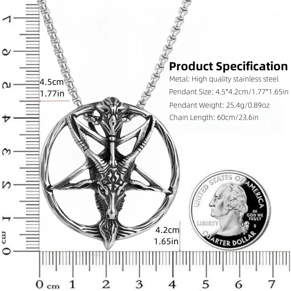 Satan Goat Necklaces for Men, Stainless Steel Baphomet Satanic Goat Head Pendant, Gothic Inverted Pentagram Jewelry Gift